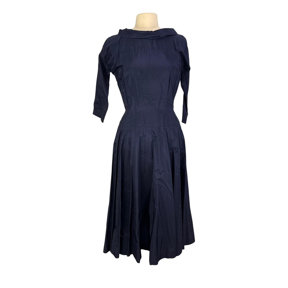 Vintage 1950s Anne Fogarty Margot Inc Navy Blue Flare Dress 38 bust, 27 Waist